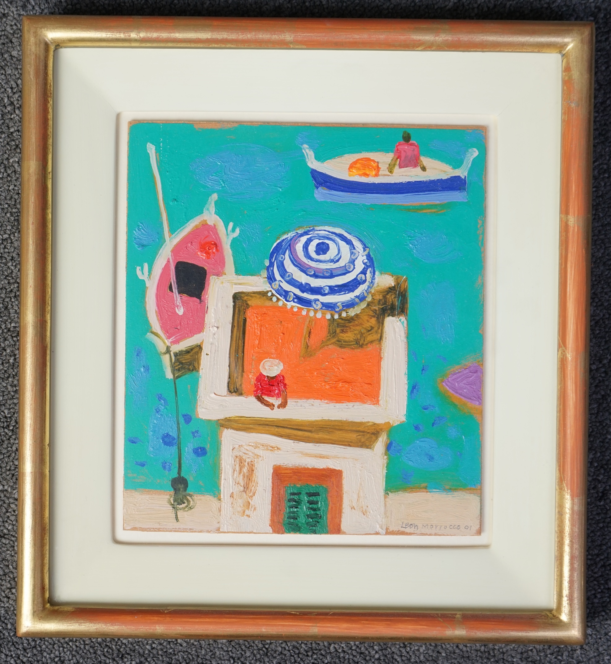 Leon Morrocco R.S.A., R.G.I. (Scottish, b.1942), Figure on a tower, boats beyond, oil on board, 20 x 17.5cm